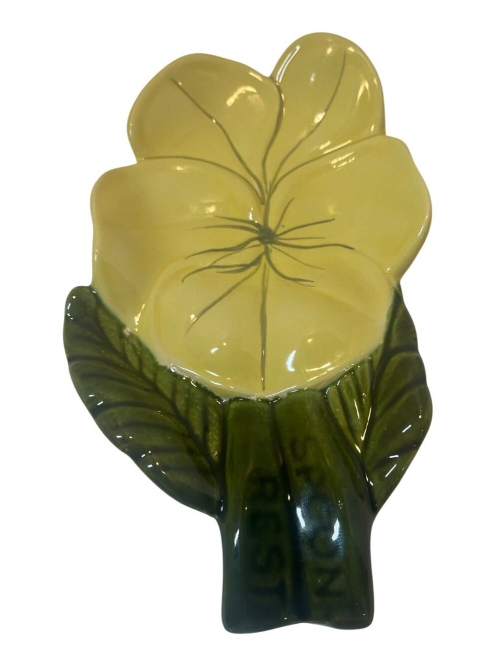 Handmade Yellow & Green Ceramic Flower Spoon Rest 8inch Vintage